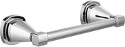 Chrome tissue holder with cylindrical bar between two round wall-mounted bases.