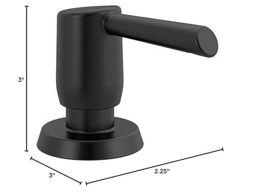 Matte black metal soap dispenser with cylindrical pump lever and round base, 3 inches tall.