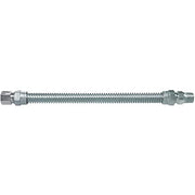 Stainless steel gas connector with threaded fittings on both ends and corrugated tubing, 12 inches long.