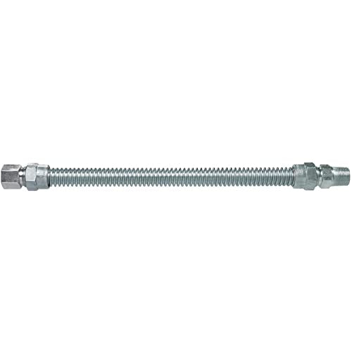 Stainless steel gas connector with threaded fittings on both ends and corrugated tubing, 12 inches long.