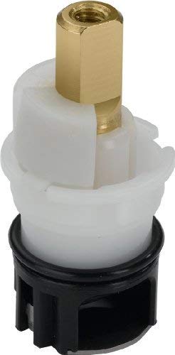Brass stem assembly with white plastic cartridge body and black rubber seal ring for two-handle faucet.