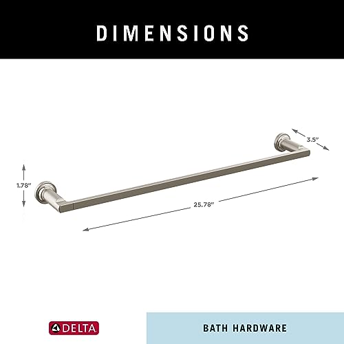 Stainless steel towel bar with circular wall mounts, 25.78 inches long.