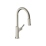 Steel optic high-arc kitchen faucet with pull-down spray head and single lever handle.
