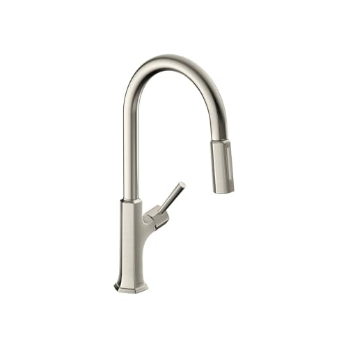 Steel optic high-arc kitchen faucet with pull-down spray head and single lever handle.