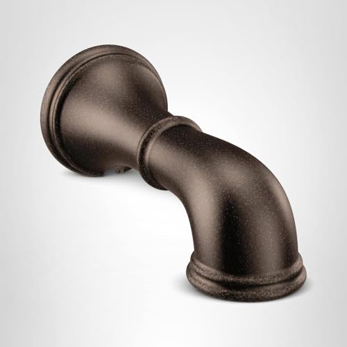 Oil rubbed bronze curved tub spout with circular wall mount flange and slip fit connection.