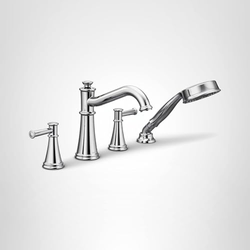 Chrome two-handle deck-mounted Roman tub faucet with curved spout, hand shower, and cone-shaped handles.