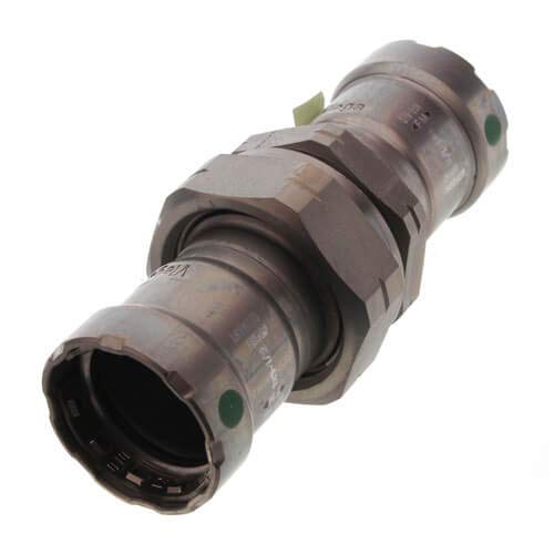 Viega MegaPress 1" press union connector in zinc-nickel coated carbon steel with green indicator dots.