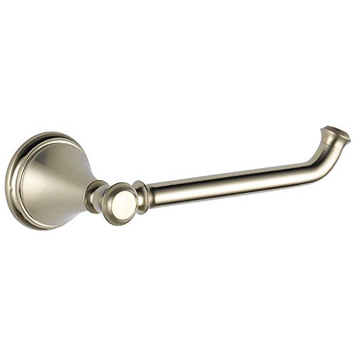 Brushed nickel tissue holder with circular wall mount and curved arm with upturned end.