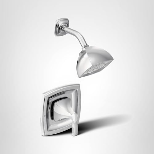 Chrome shower trim kit with square escutcheon, single lever handle, curved arm, and dome showerhead with spray holes.