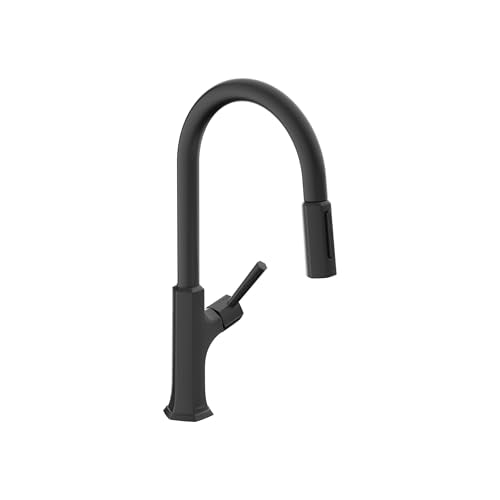 Matte black high-arc kitchen faucet with pull-down spray head and single lever handle.