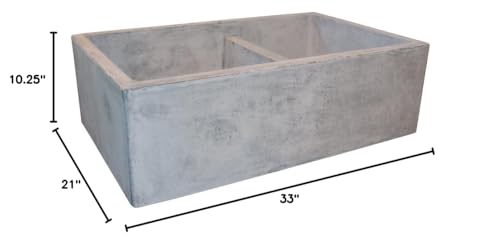 Ash-colored concrete farmhouse sink with two equal bowls and front apron, 33" wide by 21" deep by 10.25" high.