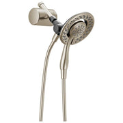 Brushed nickel dual showerhead and handheld shower system with adjustable wall mount and flexible hose.