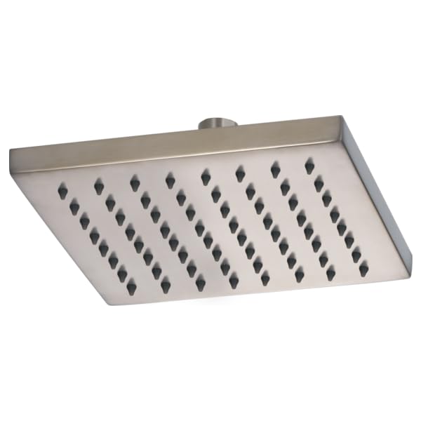 Square stainless steel raincan shower head with linear perforated spray holes and ceiling mount connector.