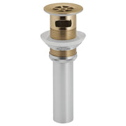 Luxe gold grid strainer with overflow and white cylindrical body for sink drain installation.