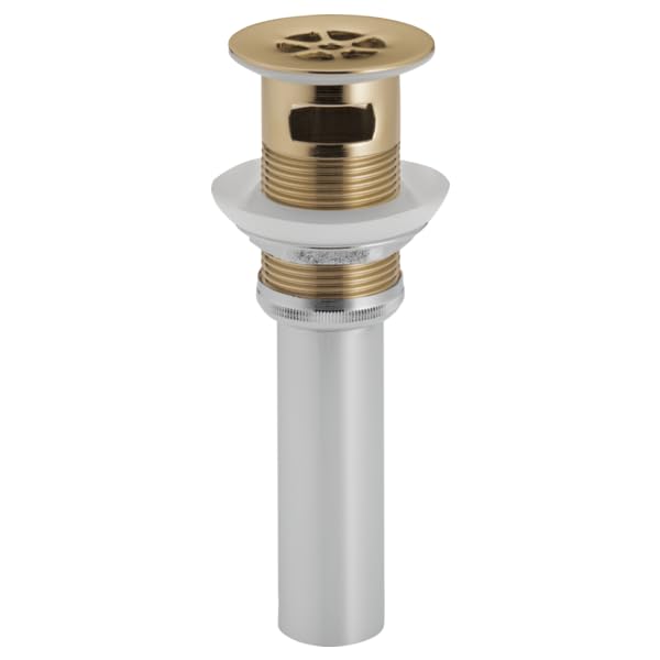 Luxe gold grid strainer with overflow and white cylindrical body for sink drain installation.