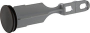 Venetian bronze drain stopper with gray plastic body and circular dark metal cap, mounting hardware visible on right end.