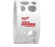 White cylindrical bi-metal hole saw with serrated cutting edge and Milwaukee HOLE DOZER branding.