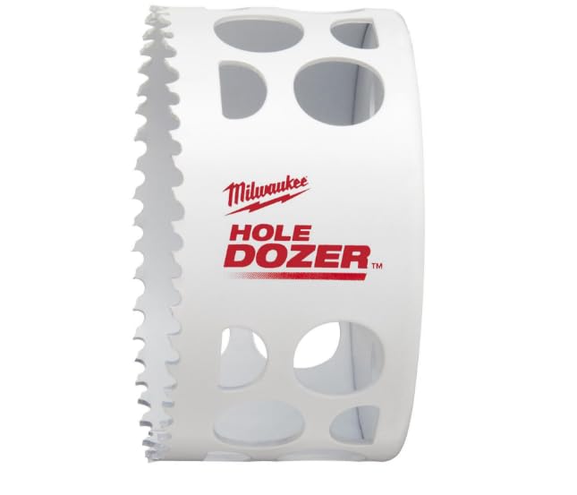 White cylindrical bi-metal hole saw with serrated cutting edge and Milwaukee HOLE DOZER branding.
