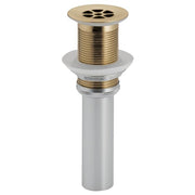 Luxe gold grid sink strainer with threaded brass body and white rubber gasket, no overflow hole.