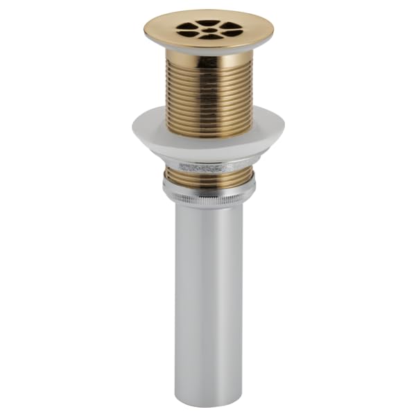 Luxe gold grid sink strainer with threaded brass body and white rubber gasket, no overflow hole.