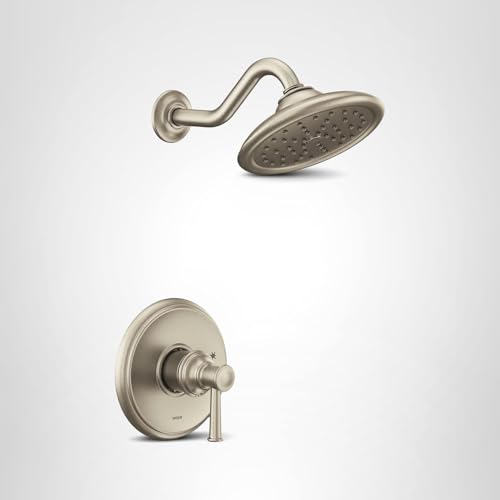 Brushed nickel shower trim kit with single lever handle and rain showerhead with curved arm.