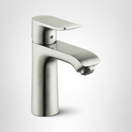 Brushed nickel single-hole bathroom faucet with curved spout and cylindrical body.