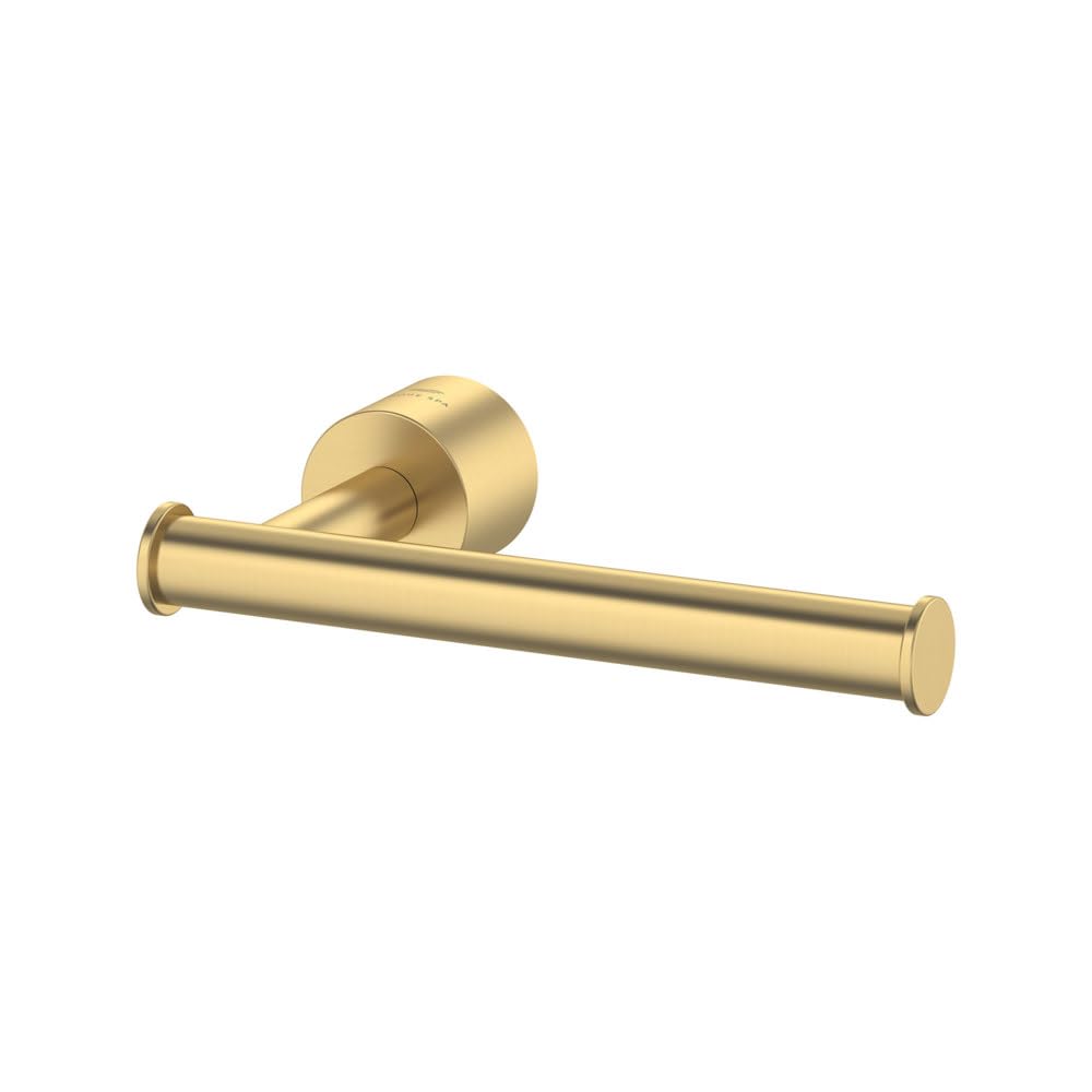 Brushed nickel toilet paper holder with horizontal bar and cylindrical wall mount, open design without cover.