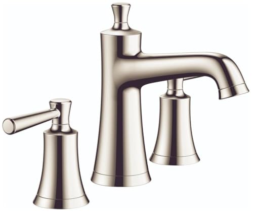 Polished nickel widespread bathroom faucet with two handles, pop-up drain, and curved spout.