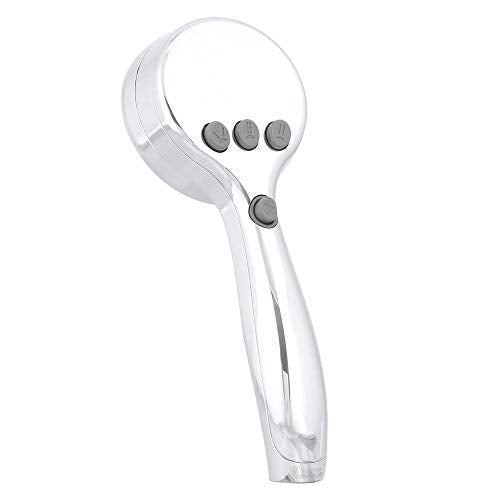 Chrome handheld showerhead with circular head containing three upper buttons and one lower button on white handle.