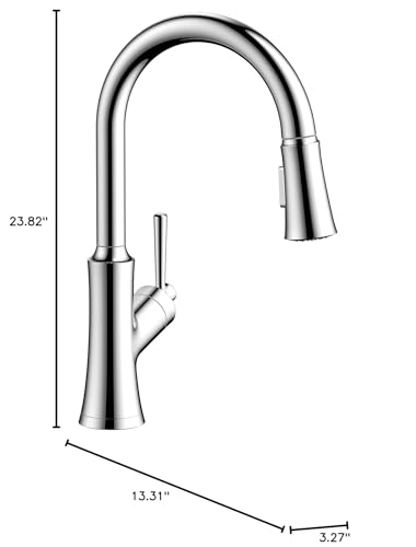 Chrome high-arc kitchen faucet with pull-down spray head and single lever handle, 23.82 inches tall.