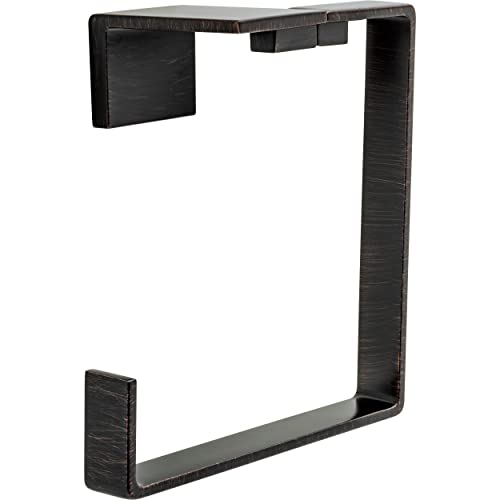 Black metal towel ring with rectangular frame design and mounting hardware.