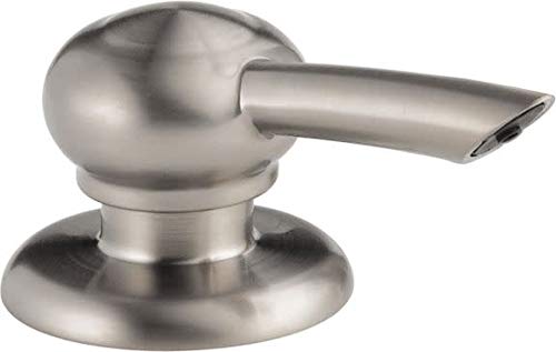 Stainless steel soap dispenser with spherical pump head and angled spout mounted on circular base.