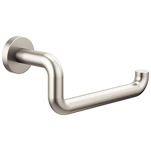Brushed nickel curved tissue holder with round wall-mounted base and open loop design.