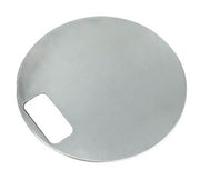 Stainless steel circular bowl cover with rectangular cutout on side, 18 inch diameter.