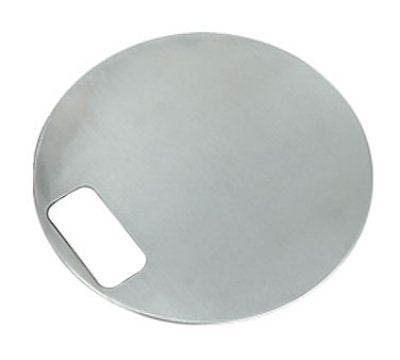 Stainless steel circular bowl cover with rectangular cutout on side, 18 inch diameter.