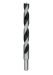 Brad point drill bit with black and silver spiral flutes and pointed tip, 1/2 inch diameter.