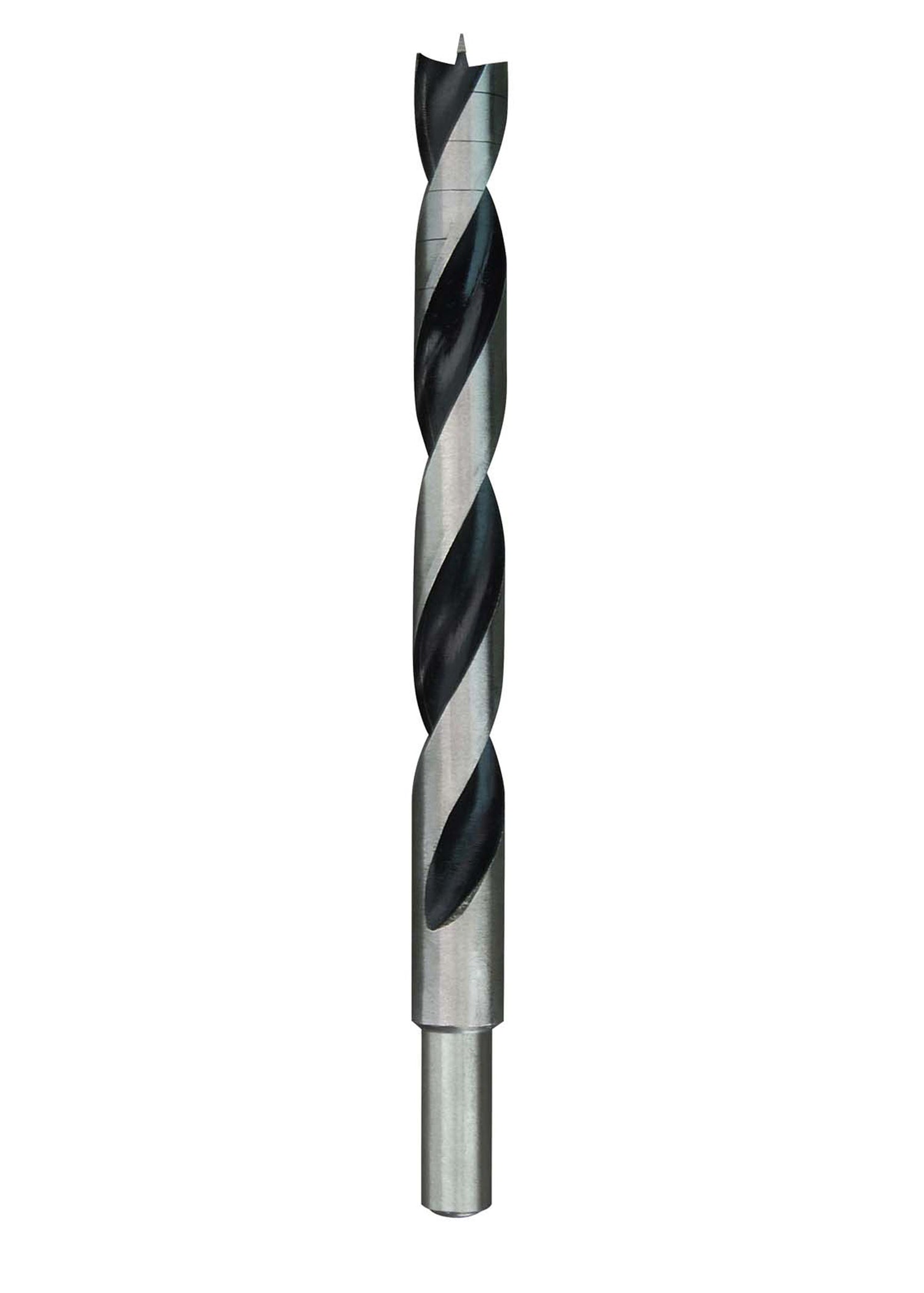 Brad point drill bit with black and silver spiral flutes and pointed tip, 1/2 inch diameter.
