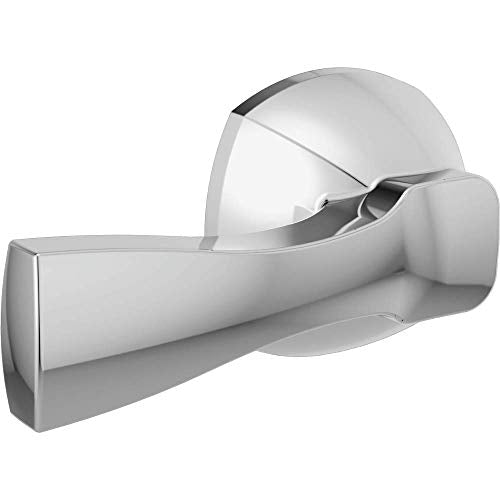 Chrome toilet tank lever with rectangular handle and dome-shaped mounting base.