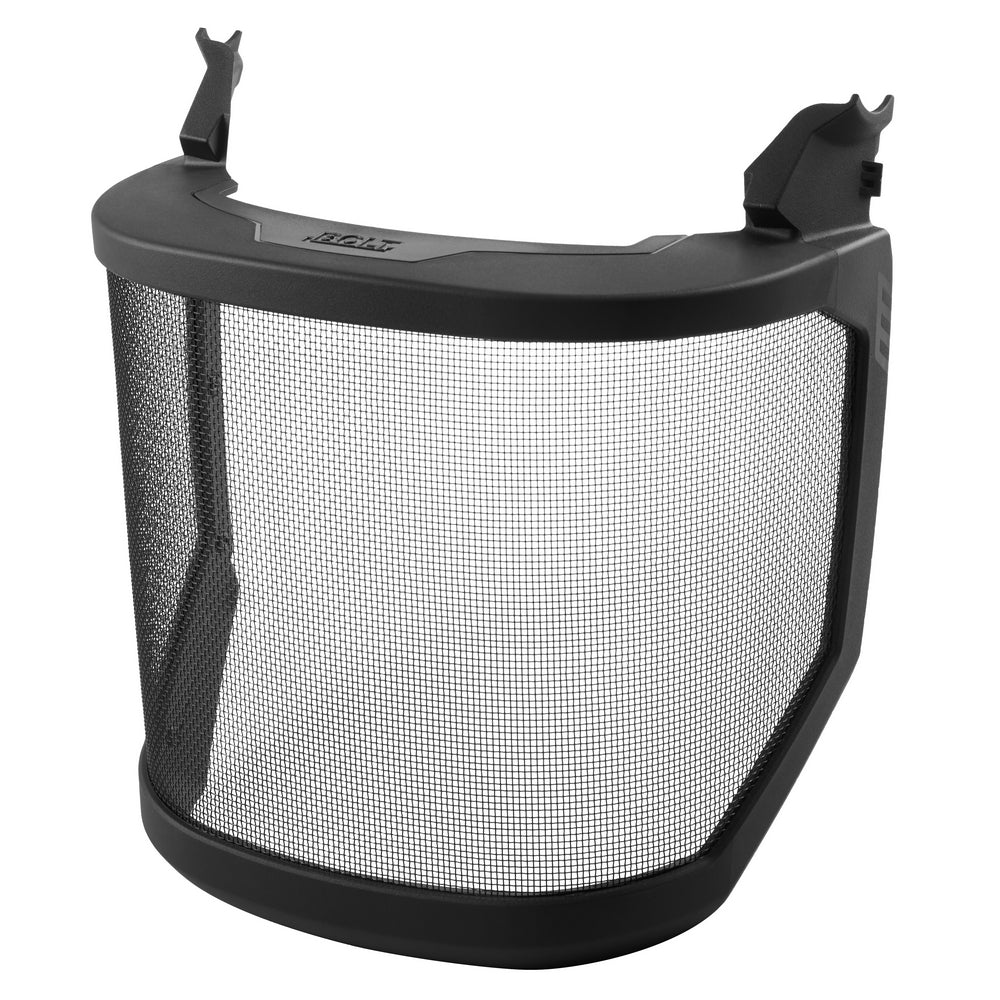 Black mesh shield with curved front panel and mounting clips for no-brim helmet attachment.