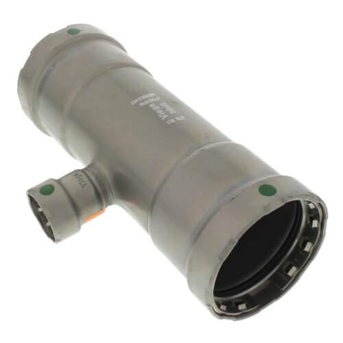 Viega MegaPress carbon steel tee fitting with zinc-nickel coating and green indicator dots on connection ports.