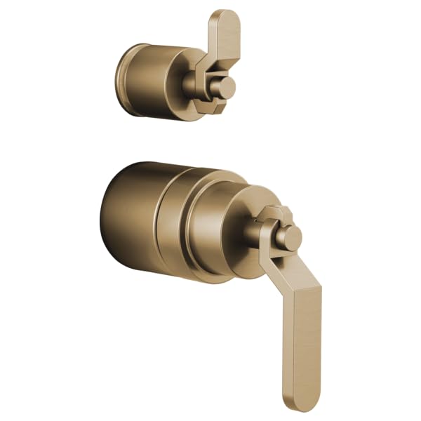 Champagne bronze pressure balance valve trim with industrial lever handles and diverter control shown in two views.
