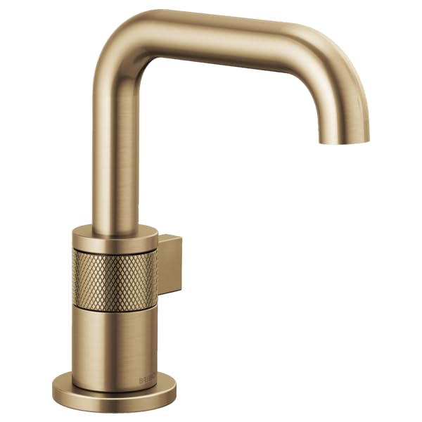 Brushed gold single-handle bathroom faucet with curved spout and textured grip band on cylindrical body.