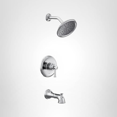 Chrome tub and shower trim kit with single lever handle, showerhead, and tub spout.