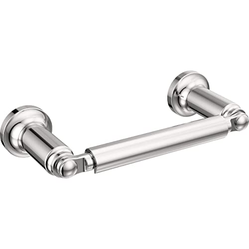 Chrome tissue holder with cylindrical bar and decorative circular wall mounts on each end.