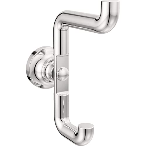 Polished chrome double robe hook with curved arms and circular wall-mounted base.