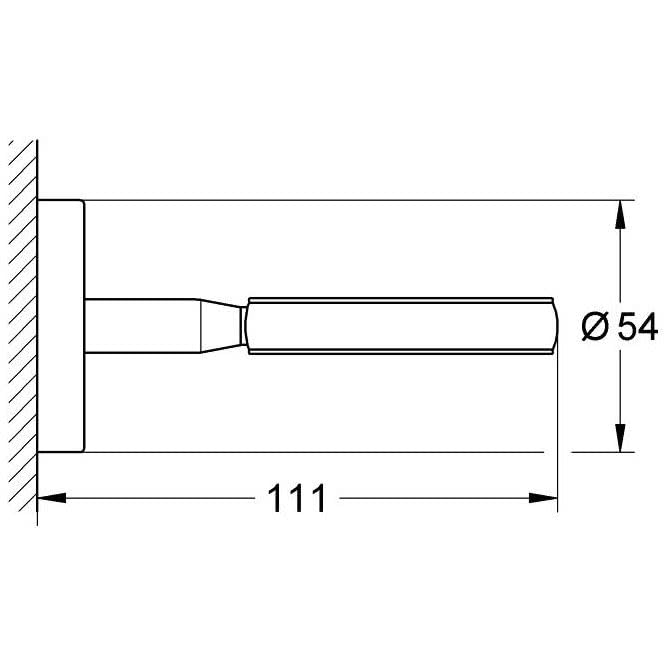Chrome wall-mounted holder with cylindrical basket, 111mm wide and 54mm diameter opening for glass or soap dispenser.