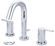 Chrome widespread bathroom faucet with curved spout, lever handles, and pop-up drain assembly.