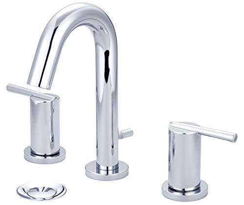 Chrome widespread bathroom faucet with curved spout, lever handles, and pop-up drain assembly.