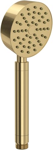Antique gold round handshower with multiple spray holes and cylindrical handle.