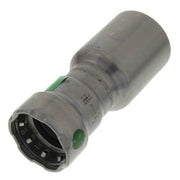 Silver metal press reducer fitting with green indicator marks on cylindrical body and ribbed grip section.